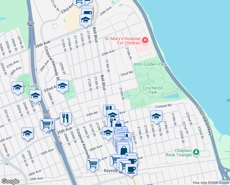 map of restaurants, bars, coffee shops, grocery stores, and more near 214-07 33rd Road in Queens