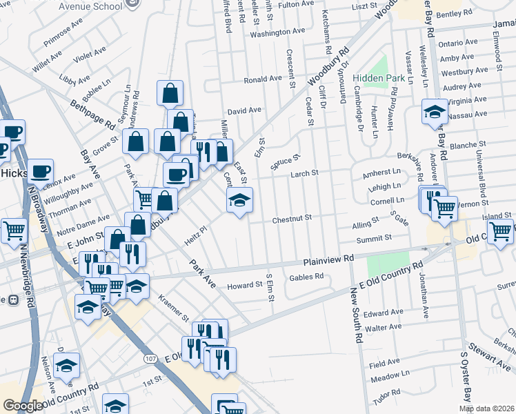 map of restaurants, bars, coffee shops, grocery stores, and more near 42 Elm Street in Hicksville