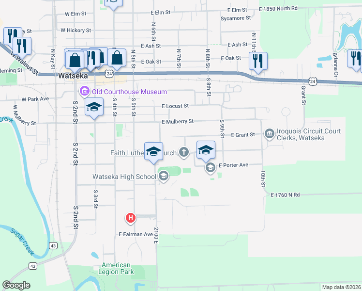 map of restaurants, bars, coffee shops, grocery stores, and more near 320 East Lincoln Avenue in Watseka