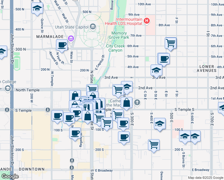 map of restaurants, bars, coffee shops, grocery stores, and more near 146 2nd Avenue in Salt Lake City