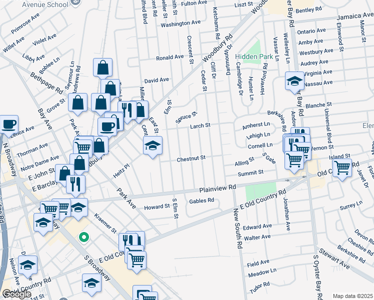 map of restaurants, bars, coffee shops, grocery stores, and more near 47 Spruce Street in Hicksville