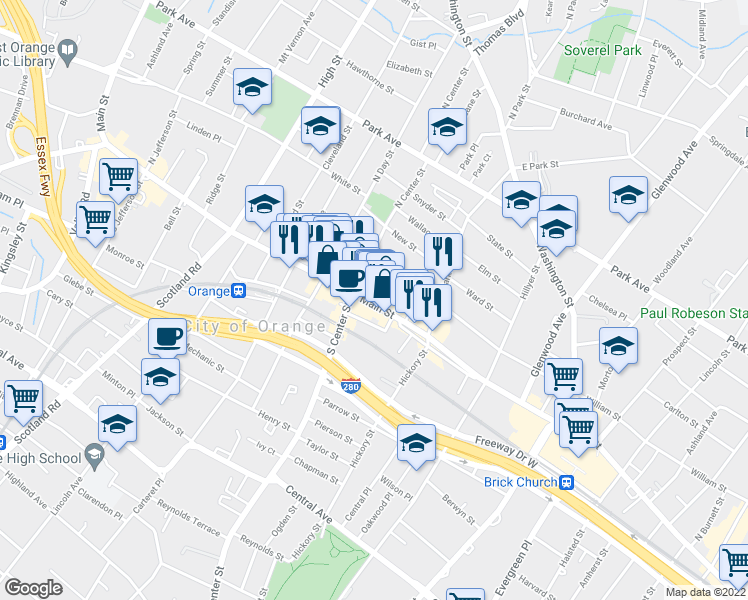 map of restaurants, bars, coffee shops, grocery stores, and more near 229 Main Street in City of Orange