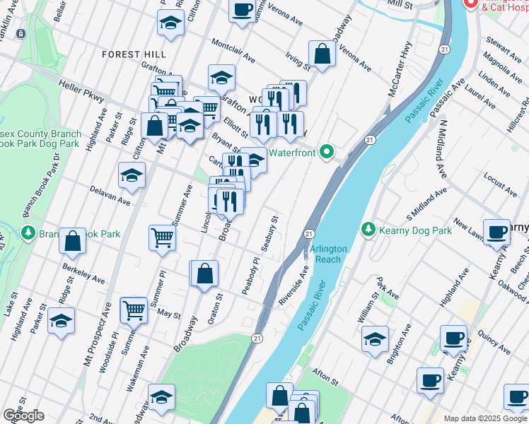 map of restaurants, bars, coffee shops, grocery stores, and more near 50 Elwood Avenue in Newark