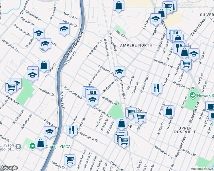 map of restaurants, bars, coffee shops, grocery stores, and more near 533 North Grove Street in East Orange