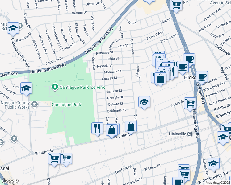 map of restaurants, bars, coffee shops, grocery stores, and more near 64 Myers Avenue in Hicksville