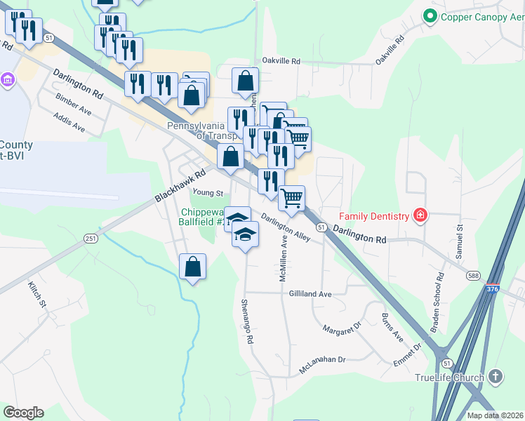 map of restaurants, bars, coffee shops, grocery stores, and more near 2535 Darlington Rd in Beaver Falls