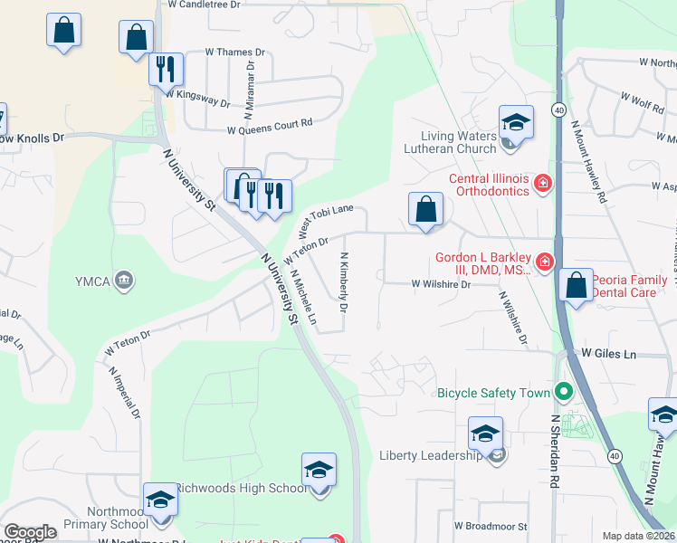 map of restaurants, bars, coffee shops, grocery stores, and more near 6911 North Kimberly Drive in Peoria