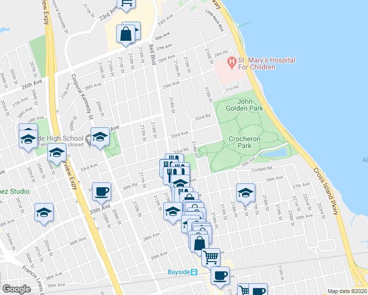 map of restaurants, bars, coffee shops, grocery stores, and more near 214-07 33rd Road in Queens