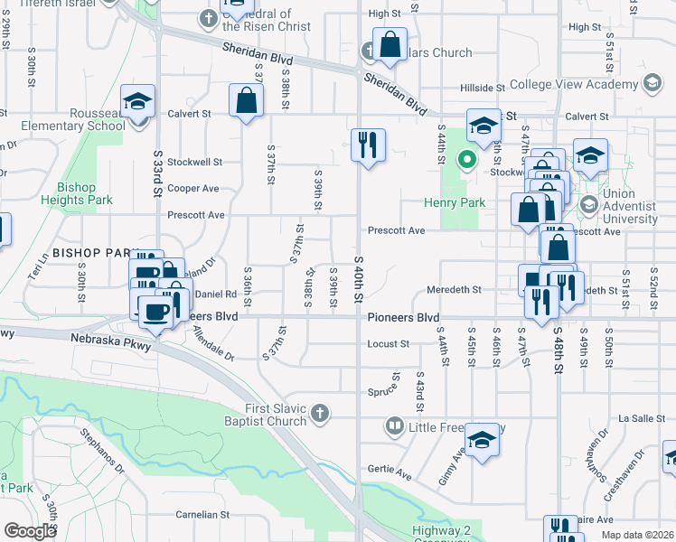 map of restaurants, bars, coffee shops, grocery stores, and more near 4100 South 39th Street in Lincoln