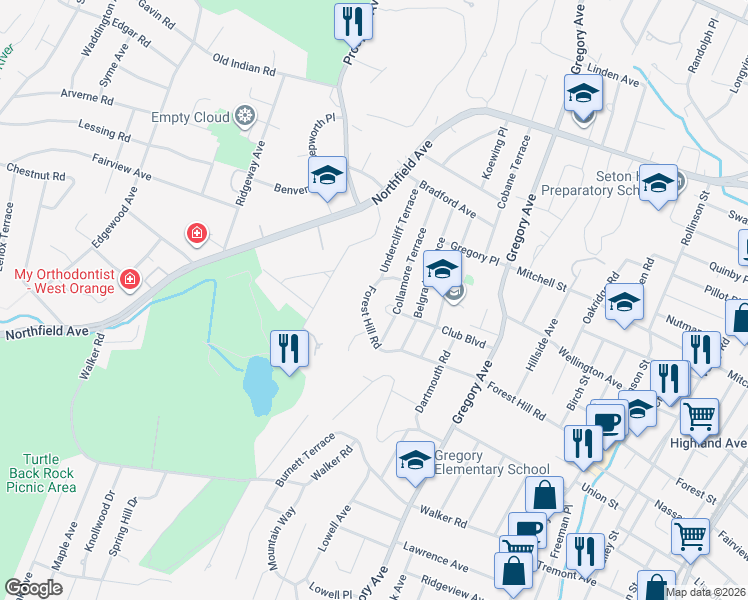 map of restaurants, bars, coffee shops, grocery stores, and more near 179 Forest Hill Road in West Orange