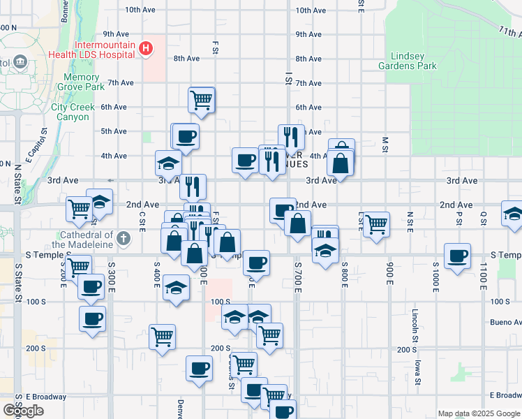 map of restaurants, bars, coffee shops, grocery stores, and more near 89 H Street in Salt Lake City
