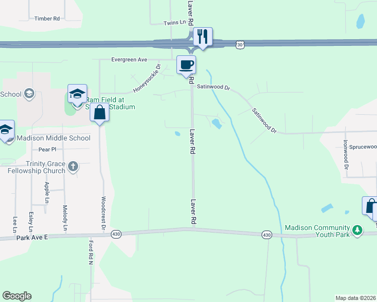 map of restaurants, bars, coffee shops, grocery stores, and more near 621 Laver Rd in Mansfield