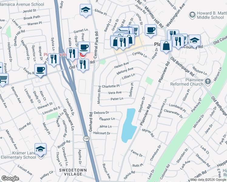 map of restaurants, bars, coffee shops, grocery stores, and more near 20 Vera Avenue in Plainview