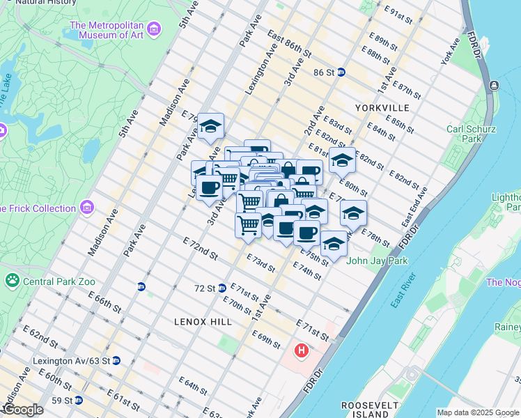 map of restaurants, bars, coffee shops, grocery stores, and more near 253 East 76th Street in New York