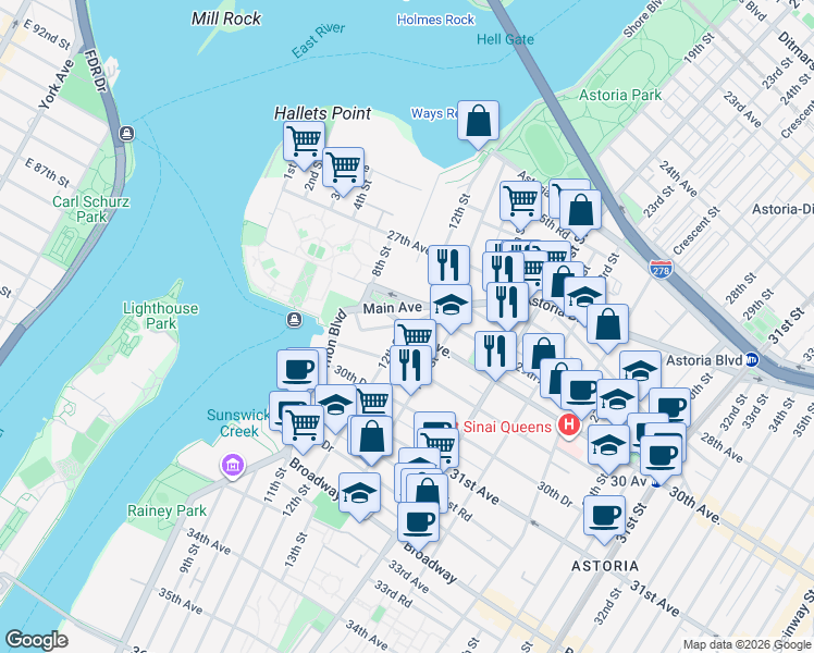 map of restaurants, bars, coffee shops, grocery stores, and more near 30th Ave & Welling Ct in Queens