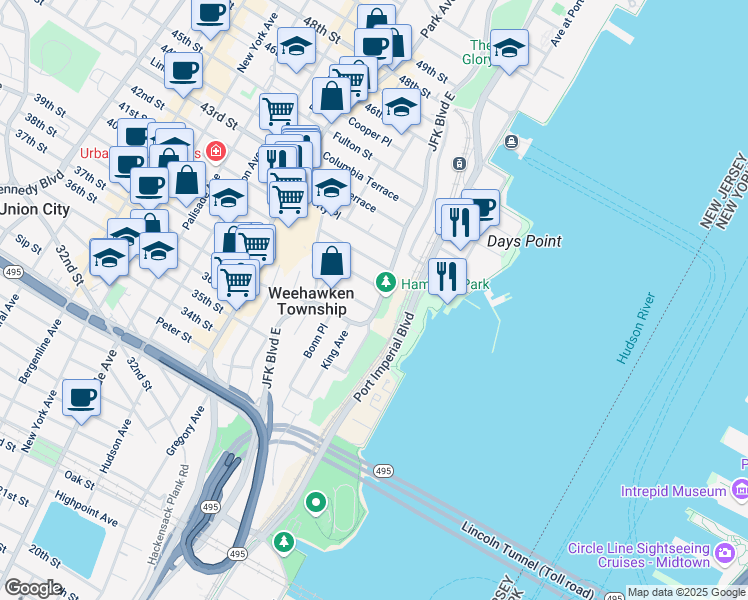 map of restaurants, bars, coffee shops, grocery stores, and more near 773 Boulevard East in Weehawken