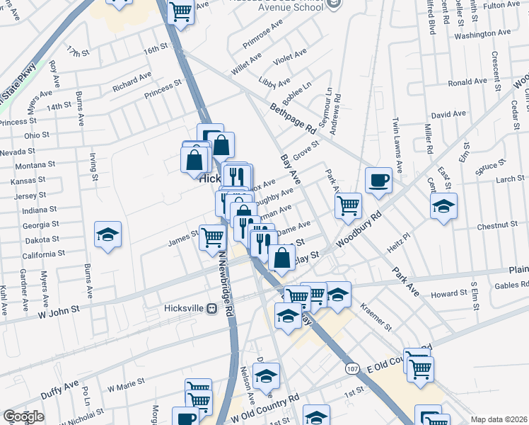 map of restaurants, bars, coffee shops, grocery stores, and more near 38 Thorman Ave in Hicksville