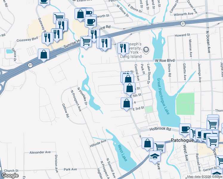 map of restaurants, bars, coffee shops, grocery stores, and more near 27 West 6th Street in Patchogue