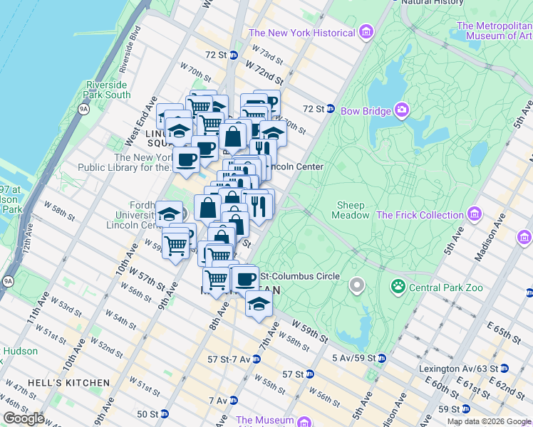 map of restaurants, bars, coffee shops, grocery stores, and more near 141 West 64th Street in New York