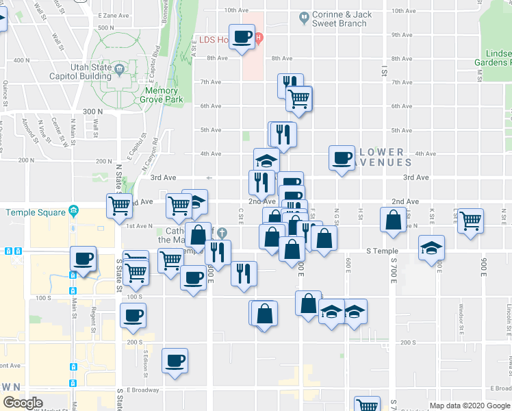 map of restaurants, bars, coffee shops, grocery stores, and more near in Salt Lake City