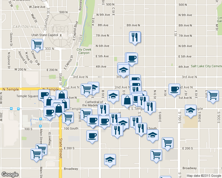 map of restaurants, bars, coffee shops, grocery stores, and more near 86 C Street East in Salt Lake City