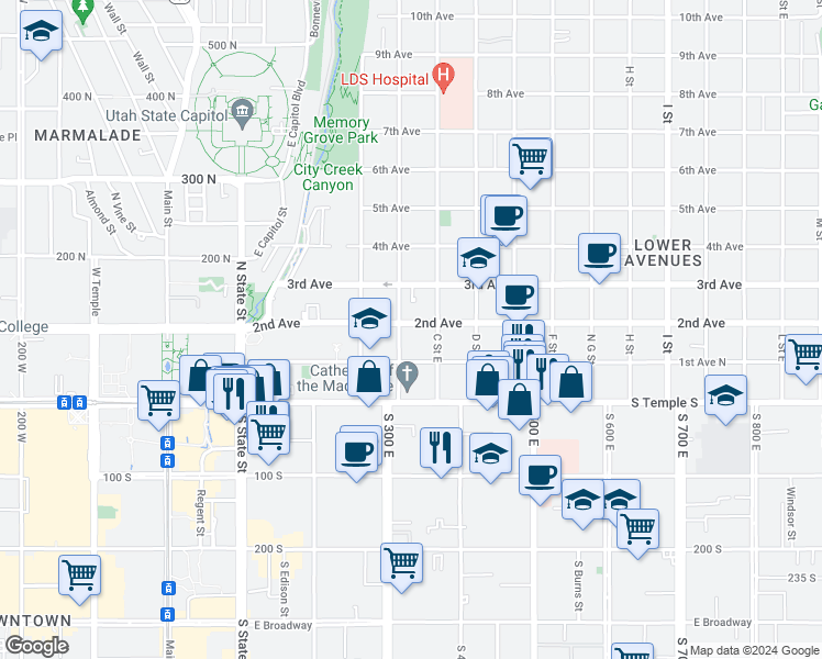 map of restaurants, bars, coffee shops, grocery stores, and more near in Salt Lake City