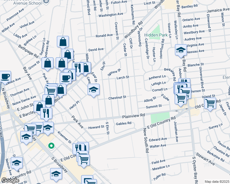 map of restaurants, bars, coffee shops, grocery stores, and more near 47 Spruce Street in Hicksville