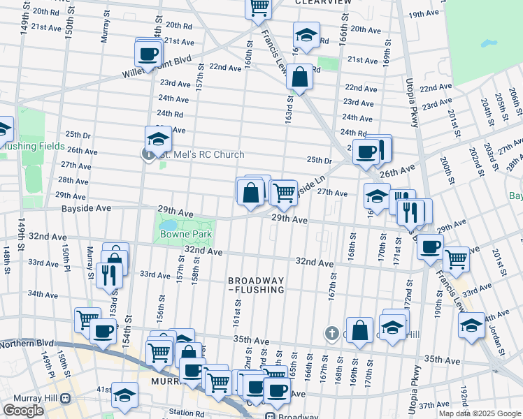 map of restaurants, bars, coffee shops, grocery stores, and more near 161-09 Bayside Lane in Queens
