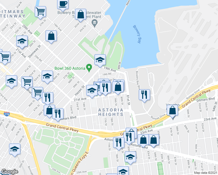 map of restaurants, bars, coffee shops, grocery stores, and more near 19-56 79th Street in Queens