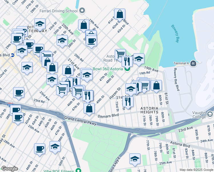 map of restaurants, bars, coffee shops, grocery stores, and more near 20-44 49th Street in Queens