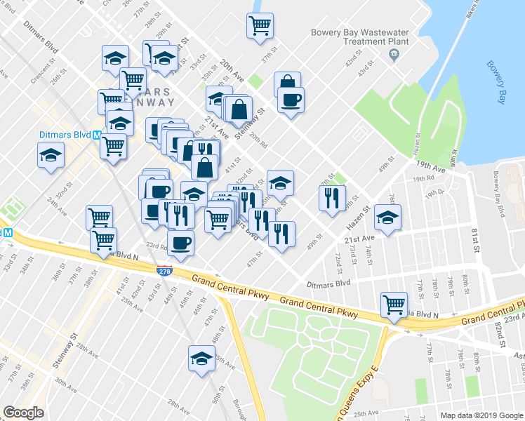 map of restaurants, bars, coffee shops, grocery stores, and more near 21-49 45th Street in Queens