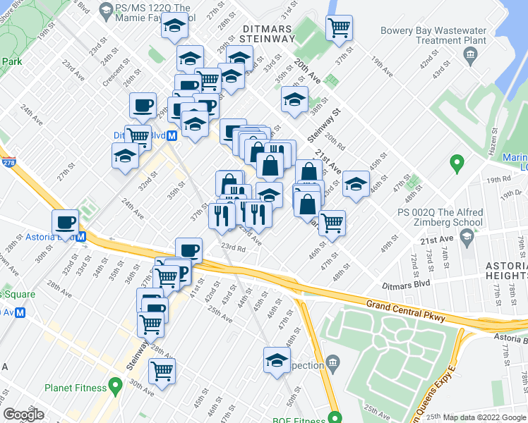 map of restaurants, bars, coffee shops, grocery stores, and more near 22-42 41st Street in Queens