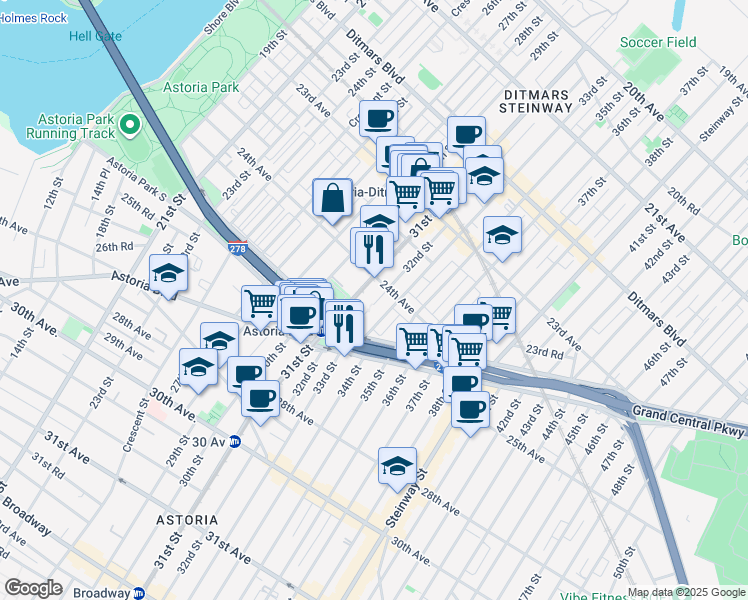 map of restaurants, bars, coffee shops, grocery stores, and more near 24-20 32nd Street in Queens