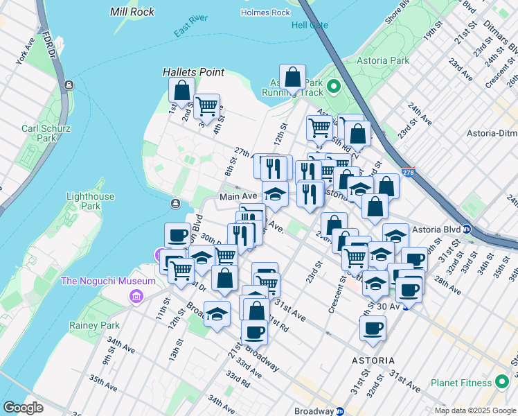 map of restaurants, bars, coffee shops, grocery stores, and more near in Queens