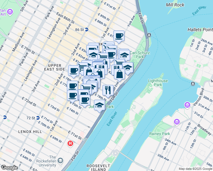 map of restaurants, bars, coffee shops, grocery stores, and more near 528 East 80th Street in New York