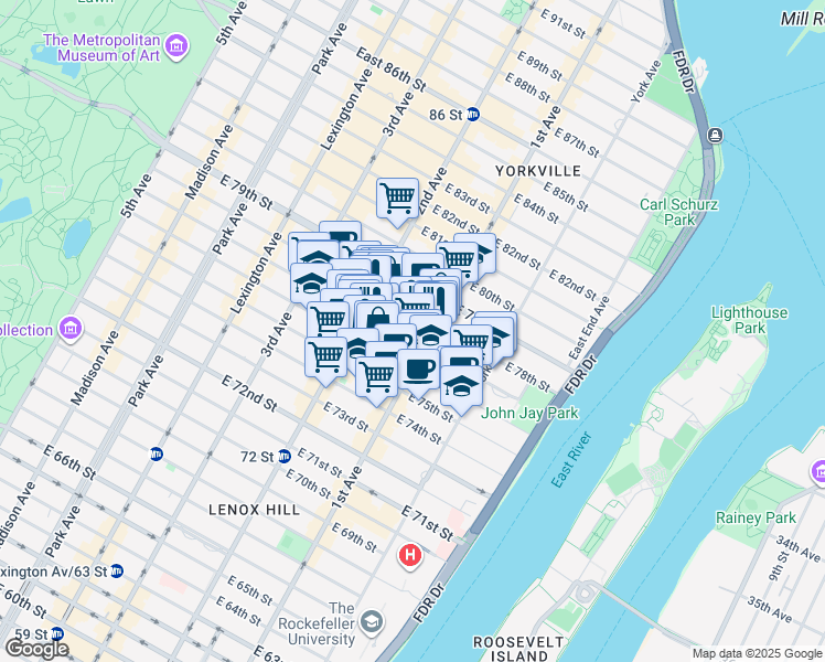 map of restaurants, bars, coffee shops, grocery stores, and more near 345 East 77th Street in New York