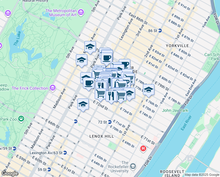 map of restaurants, bars, coffee shops, grocery stores, and more near 1309 3rd Avenue in New York