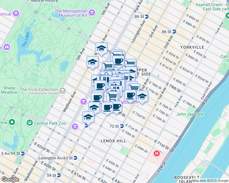 map of restaurants, bars, coffee shops, grocery stores, and more near 161 East 74th Street in New York