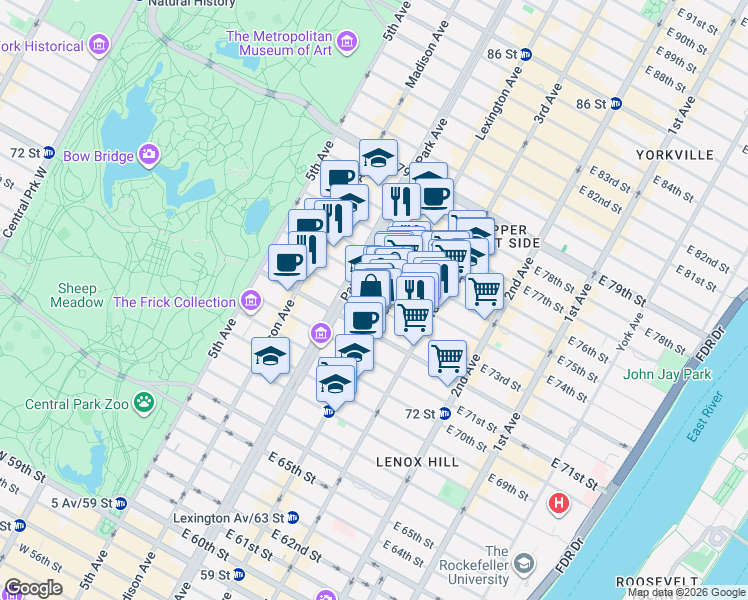map of restaurants, bars, coffee shops, grocery stores, and more near 125 East 73rd Street in New York