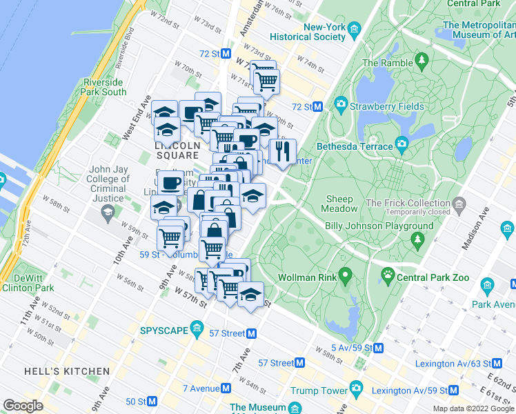 map of restaurants, bars, coffee shops, grocery stores, and more near 141 West 64th Street in New York
