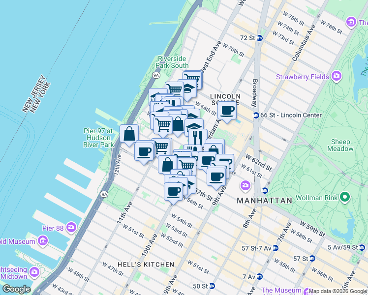 map of restaurants, bars, coffee shops, grocery stores, and more near 238 West 60th Street in New York
