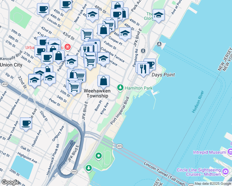 map of restaurants, bars, coffee shops, grocery stores, and more near 773 Boulevard East in Weehawken
