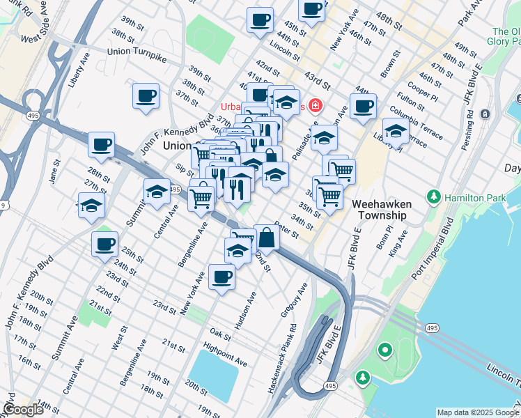 map of restaurants, bars, coffee shops, grocery stores, and more near 3322 Palisade Avenue in Union City