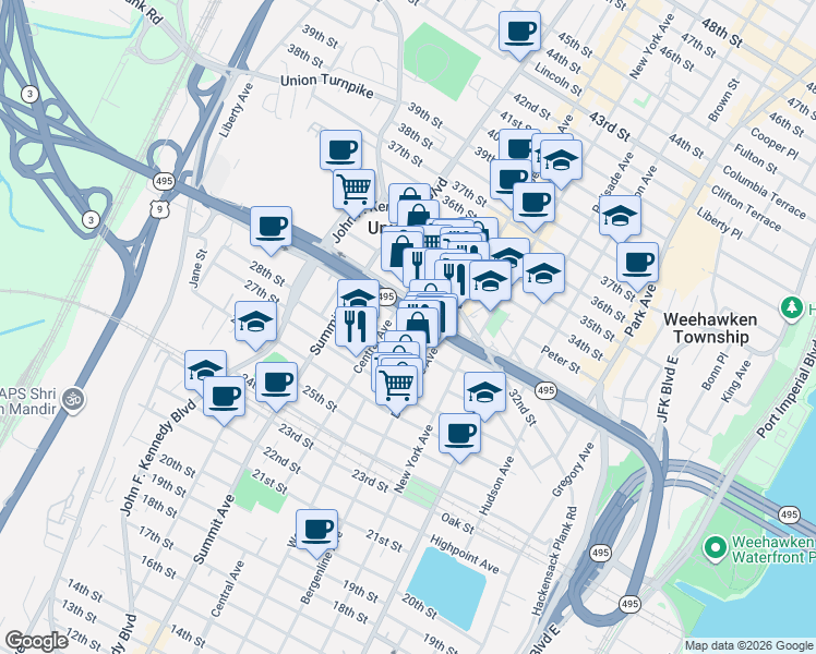 map of restaurants, bars, coffee shops, grocery stores, and more near 527 30th Street in Union City