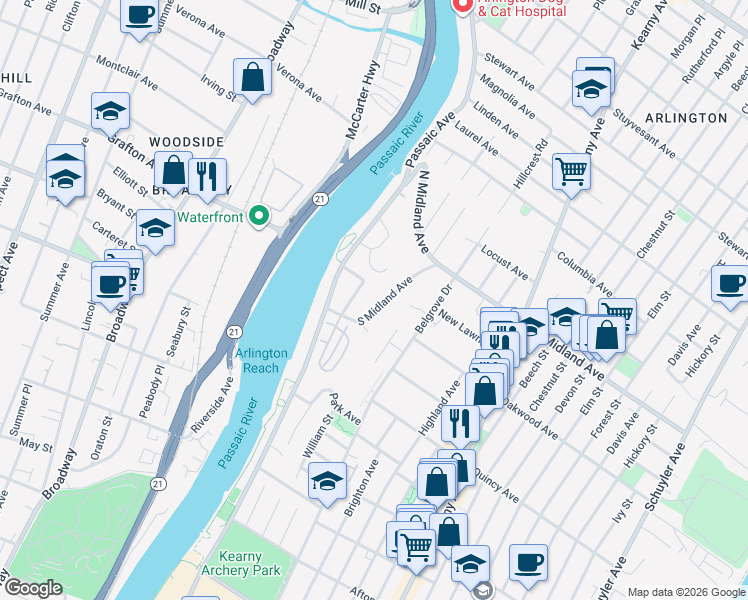 map of restaurants, bars, coffee shops, grocery stores, and more near 61 South Midland Avenue in Kearny