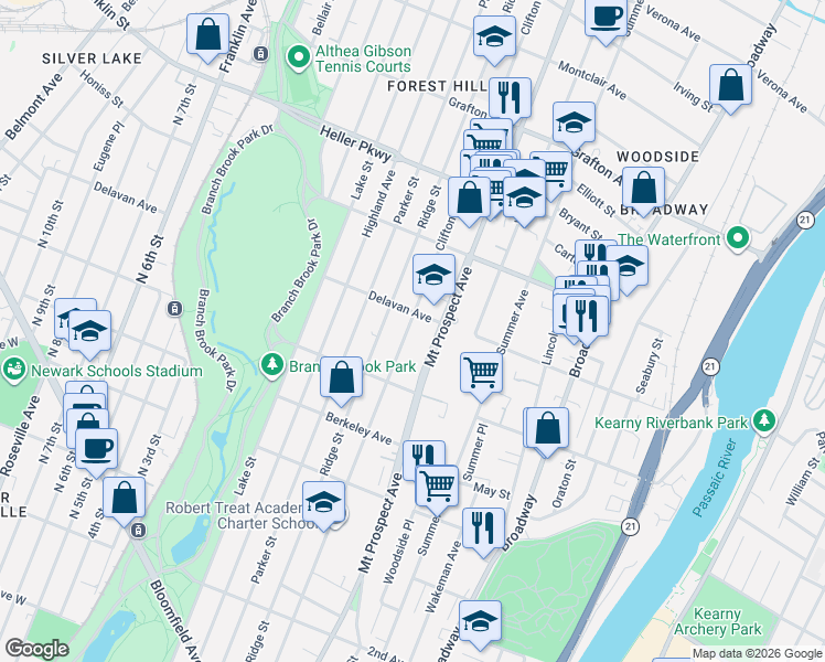 map of restaurants, bars, coffee shops, grocery stores, and more near 619 Clifton Avenue in Newark