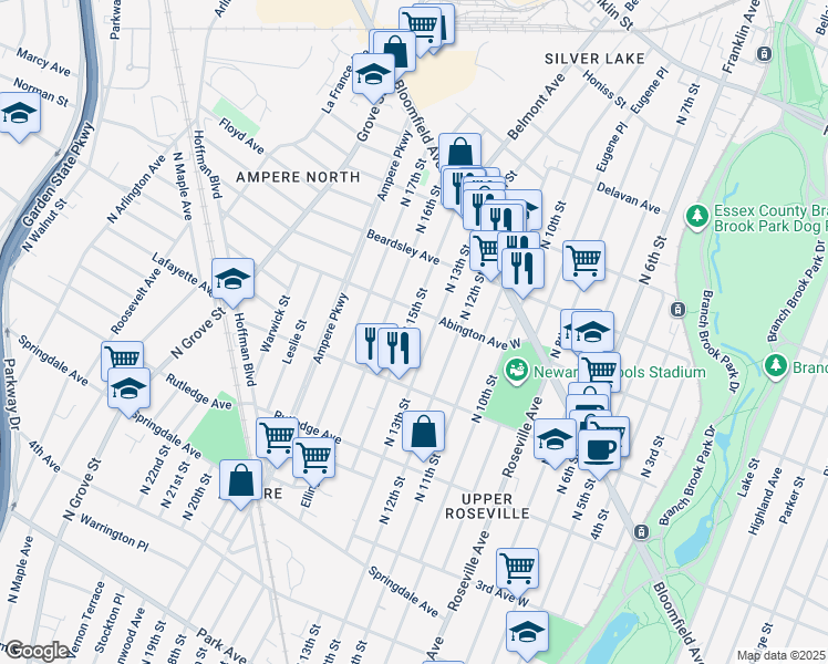 map of restaurants, bars, coffee shops, grocery stores, and more near 150 North 15th Street in Newark