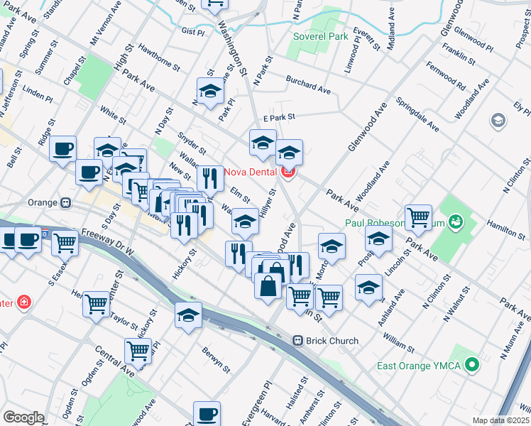 map of restaurants, bars, coffee shops, grocery stores, and more near 95 Hillyer Street in City of Orange