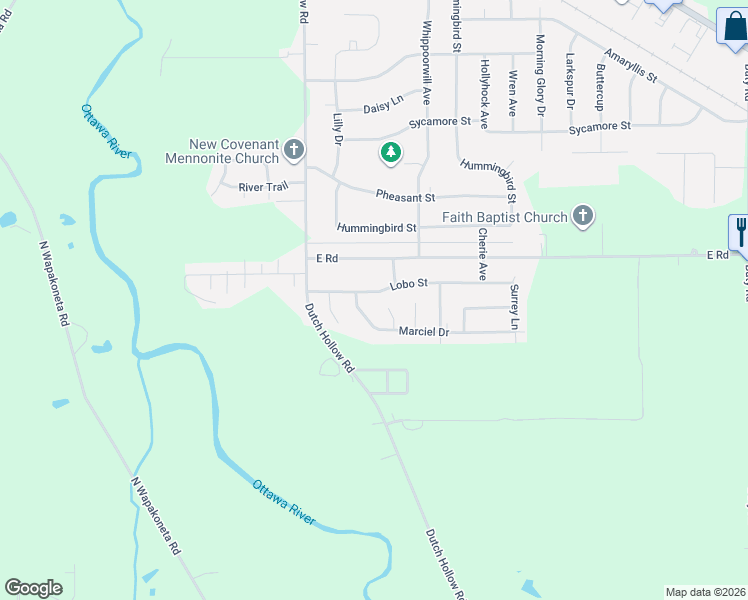 map of restaurants, bars, coffee shops, grocery stores, and more near 5196 Marciel Dr in Elida