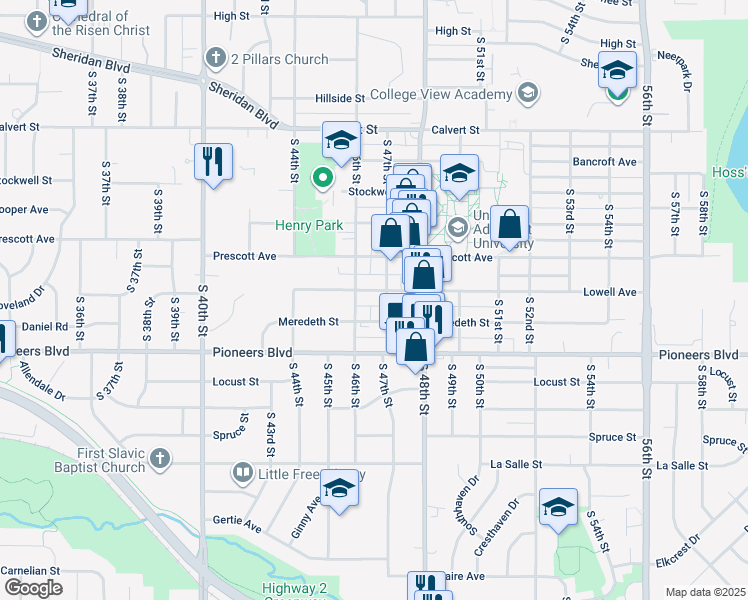 map of restaurants, bars, coffee shops, grocery stores, and more near 4645 Lowell Avenue in Lincoln